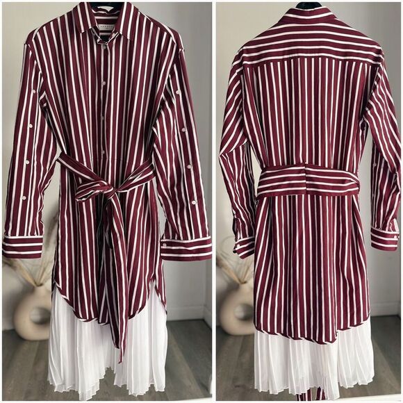 RRP $470 SANDRO Paris Melia Pleated-hem Striped Shirt Dress SZ 36 Small - Picture 1 of 5